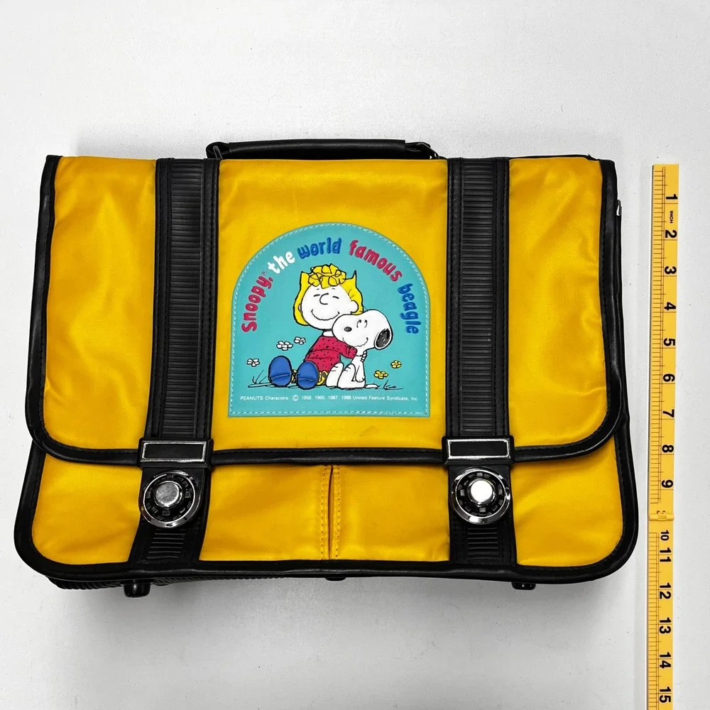 1988 Vintage Snoopy Sally Peanuts Backpack‎ Briefcase Yellow Nylon Kids Japan